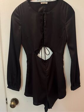 Cotton Candy Black Satin Romper with Keyhole Back Tie